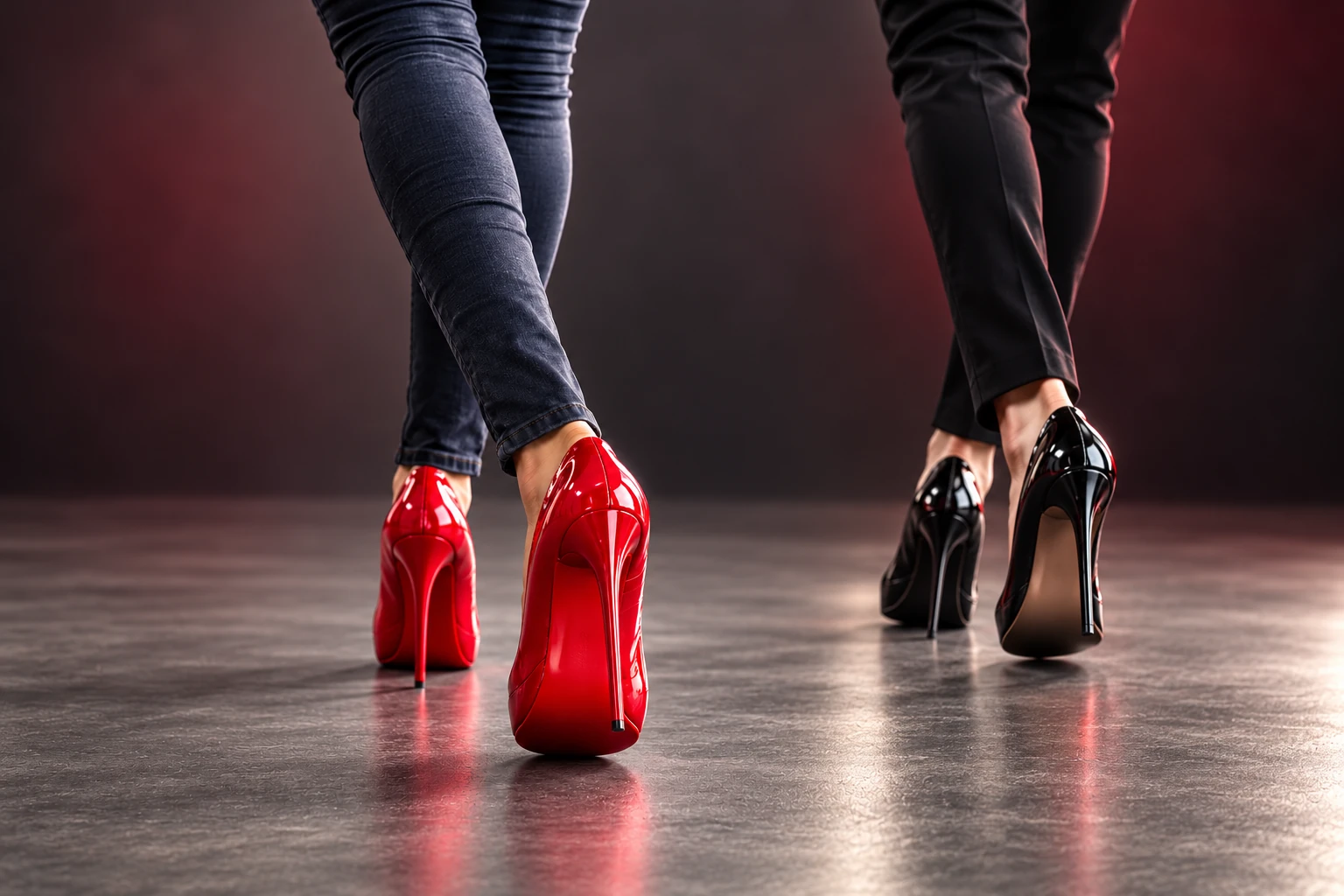 KI-Symbolbild: zwei Frauen beim Gehen in roten und schwarzen High Heels, von hinten fotografiert.